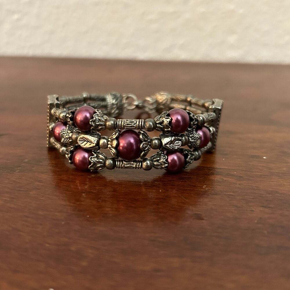 Vintage Beaded Cuff Bracelet Silver & Dark Purple Victorian Style
